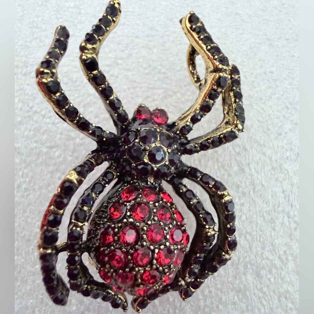 Spider Brooch, Vintage-Inspired Gold  with Red and Black Crystal Accents